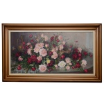 SHOKICHI TAKAKI (Niegata, Japão, 1914 - 2006)  Mesa com Flores. Óleo s/ tela. Ass. cie. Datado 80. 48 x 97 cm (MI). 68 x 118 cm (ME). Lote pertencente ao acervo de tradicional família paulistana de Américo Moreira dos Santos e Anella Mafalda Malzoni. Nasceu em Niegata, no Japão. Em 1927 veio para o Brasil. Iniciou-se como autodidata e nessa condição até hoje permanece. De lavra acadêmica, sua pintura reproduziu paisagens, naturezas-mortas, figuras humanas, flores e marinhas, em cunho realista e naturalista. Prêmios: 1982 - Ribeirão Preto SP - Salão de Belas Artes de Ribeirão Preto - Medalha de Ouro Francisco Cossolet 1984 - Le Centre International D´Art Contemporain - Medalha de Ouro; 1984 - São Paulo SP - Salão da Associação Paulista de Belas Artes - Pequena e Grande Medalha de Bronze e Pequena e Grande Medalha de Prata