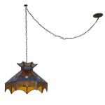Luminária de teto no formato de cúpula abobadada. Estrutura geométrica ornamentada por placas em vidro de diferentes cores e bordas dentadas. Parte superior revirada e encimada por longa corrente. 34 x 43 cm (cúpula). 170 cm (corrente). Lote pertencente ao acervo de tradicional família paulistana de Américo Moreira dos Santos e Anella Mafalda Malzoni. Este lote encontra-se na residência no Ibirapuera, SP e a retirada devera ser feita a partir do endereço com a orientação da organizadora do leilão.