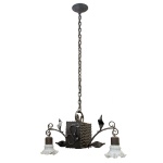 Lustre em metal escurecido, ornado por ramos e folhagens. Centro de formato retangular, ladeado por braços recurvos rematados por tulipas em vidro leitoso com bordas onduladas. Parte superior com argola encimada por corrente e adorno circular. 42 x 70 x 25 cm. 110 cm (corrente).   Lote pertencente ao acervo de tradicional família paulistana de Américo Moreira dos Santos e Anella Mafalda Malzoni. Este lote encontra-se na residência no Ibirapuera, SP e a retirada devera ser feita a partir do endereço com a orientação da organizadora do leilão.