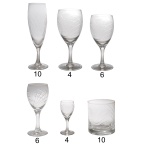 Conjunto de 40 taças de cristal translucido e liso. Constando de: 10 taças para champanhe (18 cm), 4 taças para água (17 cm), 6 taças para vinho tinto (16 cm), 6 taças para vinho branco (14 cm) 4 taças para licor (9 cm) e 10 taças para whisky (9 cm / 2 com bicado). Lote pertencente ao acervo de tradicional família paulistana de Américo Moreira dos Santos e Anella Mafalda Malzoni.