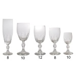 Conjunto de 48 taças de cristal translucido e liso constando de: 8 taças para champanhe (19 cm), 10 taças para água (17 cm), 12 taças para vinho tinto (16 cm), 8 taças para vinho branco (15 cm) e 10 taças para licor (12 cm). Lote pertencente ao acervo de tradicional família paulistana de Américo Moreira dos Santos e Anella Mafalda Malzoni.