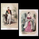 "Don Pedro II - Empereur du Brésil", litogravura aquarelada à mão, sec. XIX por Hendrikx.  e "Dona Thereza - L´impeatrice du Brésil",  litografia aquarelada ã mão, sec. XIX por Lacoste. Dimensão total de cada gravura 25 x 16,5 cm (ME).