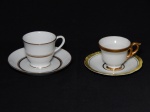 PORCELANA, duas (2) xícaras para café: 1 japonesa, manufatura NORITAKE, branca com frisos dourados; 1 alemã, branca com frisos e barrados em dourado, douração com sinais de gasto, manufatura BAVARIA.