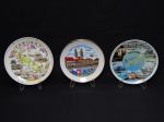 PORCELANA, três (3) pratos souvenir policromados: 1 da Suíça, retratando canal e casarios, diam. 18,5cm; 1 de Aruba com mapa da ilha e outros pontos turísticos, diam. 19,5 cm; 1 da Slovenija com mapa e pontos turísticos, diam. 19cm.