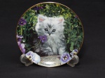 PORCELANA, um (1) prato decorativo policromado representando gato entre flores, assinado NANCY MATTHEWS, numerado PQ 2095, título PURRFECT POSE, medindo 20,5 cm diâmetro, borda com friso dourado.