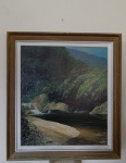 QUADRO, paisagem com rio, OSE, assinatura ilegível, datado de 1996. 80 x 72 cm , com moldura 91 x 82 cm.