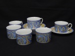 PORCELANA, seis (6) xícaras de chá, marca CONTHEY, ornamentação floral e geométrica em policromia, uma delas com acentuado bicado na base.