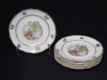 PORCELANA, seis (6) pratos sobremesa, medindo 18,5 cm diâmetro, ornamentação com cena do gênero em policromia sobre fundo branco, borda com flores intercaladas policromadas e douradas, arremates a ouro, manufatura REAL (Mauá, SP, 1943 a 1994), usados.