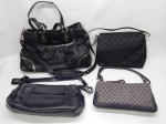 DIVERSOS, quatro (4) itens: 1 bolsa feminina preta, marca COACH, confeccionada em couro ou couro ecológico, alças curtas e média, possui divisões internas, medindo 38 x 27 cm; 1 bolsa feminina confeccionada em couro, tonalidade azul, marca AURIELLE, alça média, medindo 30 x 18 x 9 cm; 1 bolsa feminina preta, alça média, marca DKNY, material sintético, medindo 26 x 20 cm; 1 bolsa feminina tipo carteira, alça curta, marca DOONEY & BOURKE, material sintético, tonalidade azul, medindo 27 x 16 cm, usadas.