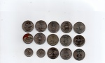 NUMISMÁTICA, USA, quinze (15) moedas de diversos valores, ainda circulantes (Câmbio), totalizando 3,25 dólares.