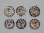 NUMISMÁTICA, estrangeira, seis (6) moedas em PRATA, totalizando 7 gr, sendo: Portugal 50 reis 1861 (2) e 1879; Itália 5 soldos 1813 (gasta); USA 10 cents 1840 (gasta); Inglaterra uma do ano 1845 período Vitoriano.