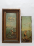 ESCOLA EUROPÉIA - "Pesca no mar" Duas pinturas a óleo sobre madeira, 31,5 x 12,5cm. Não apresenta assinatura. Somente 1 com moldura medindo 39 x 21cm.