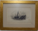 Assinatura não identificada - "Marinha com barco a vela" desenho a crayon, 27 x 21,5cm. Assinado e datado 30-7-11. Medida total com moldura envidraçada.