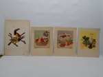 COLECIONISMO, quatro (4) itens: 3 cardápios de cruzeiro, capa com reprodução da obra de A. Salietti (gravura colorida), segunda classe, ano 1956; 1 cardápio de serviço de bordo da VARIG, linha Rio  Roma 1984, capa com lito colorida representando tucanos.
