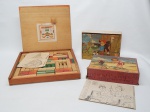 BRINQUEDOS, dois (2) itens: 1 quebra cabeças com seis desenhos para montar, confeccionados com doze cubos em madeira, marca COLUNA (Companhia Coluna de Brinquedos), sinais de uso e no estado; 1 quebra cabeças para montar, peças em madeira, possui fôlder com sugestão de quatro montagens distintas, acondicionado em estojo de madeira, faltando parte da borda, sem marca de manufatura aparente, medindo 27,5 x 27,5 x 3,5 cm.