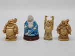 ESCULTURAS, quatro (4) representando o deus Hotei (um dos sete deuses do Shichi Fukujin no Xintoísmo): 1 confeccionada em porcelana e 3 em resina na tonalidade marfim, medindo a maior 5,5 cm altura.