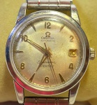 OMEGA (Seamaster Calendar) - ORIGINAL - Elegante e raro relógio de pulso suíço, automático (Martelo), com caixa e pulseira em aço, mostrador com aplicações em ouro. Funcionando e sem garantia futura. Med 3,5 cm