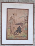 Antiga gravuras Oriental em papel de arroz colada em eucatex , assinadas . Med. 56 x 46 cm
