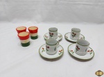 Lote composto de 4 xícaras com pires e 3 copos de shot em porcelana.