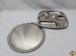 Lote de bandeja redonda e petisqueira com 5 divisões em aço inox. Medindo a bandeja 30cm de diâmetro.