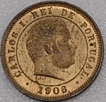 KM#530  ANTIGA MOEDA DE PORTUGAL ( REI CARLOS I )  5 RÉIS ANO DE 1906 ( FC ) BRONZE PEÇA COM 21,0 mm