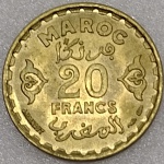 Y#50  ANTIGA MOEDA DE MARROCOS 20 FRANCOS ANO DE 1952  COBRE-ALUMÍNIO-NÍQUEL PEÇA COM 23,0 mm   SOB/FC