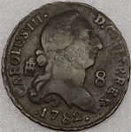 KM#408  ANTIGA MOEDA DE COBRE DA ESPANHA 8 MARAVEDIS ANO DE 1782 PEÇA MUITO BEM CONSERVADA COM 10,7 g E COM 30,0 mm
