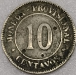KM#198  ANTIGA MOEDA PROVISÓRIA DO PERU  10 CENTAVOS ANO DE 1879  CUPRO NÍQUEL PEÇA COM 22,0 mm E COM 5,0 g  MBC