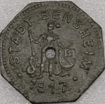 NOTGELD - MOEDA DO ESTADO DE " BENSHEIM " 5 PFENNIG ANO DE 1917 ZINCO PEÇA COM 19,0 mm E COM 1,7 g  PEÇA MUITO BEM CONSERVADA