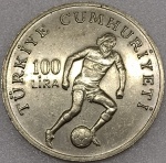 KM#951  MOEDA COMEMORATIVA DA TURQUIA " COPA DO MUNDO DE FUTEBOL ESPANHA 82 "  100 LIRA ANO DE 1982  CUPRO NÍQUEL PEÇA COM 23,3 g E COM 38,5 mm  SOB