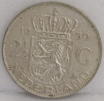 KM#185  ANTIGA MOEDA DE PRATA DA HOLANDA 2 1/2 FLORIM ANO DE 1959  PRATA 720  PEÇA COM 15,0 g E COM 33,0 mm  SOBERBA