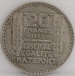 KM#879  ANTIGA MOEDA DE PRATA DA FRANÇA 20 FRANCOS ANO DE 1933  MBC PRATA 680  PEÇA COM 20,0 g E COM 35,0 mm