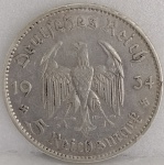 KM#82  ANTIGA MOEDA DE PRATA DA ALEMANHA NAZISTA 5 REICHSMARK ANO DE 1934-A PEÇA CUNHADA EM BERLIM ( REPRESENTADA PELA LETRA A )  MBC  PRATA 900  PEÇA COM 13,8 g E COM 29,0 mm  --- 1o. ANIVERSÁRIO REGIMENTO NAZISTA IGREJA DA GUARNIÇÃO DE POTSDAM ( 21 MARÇO DE 1933 )