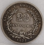 KM#15  ANTIGA MOEDA DE PRATA DO URUGUAI 20 CENTÉSIMOS ANO DE 1877 MBC PRATA 900  PEÇA COM 5,0 g E COM 25,0 mm