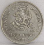 KM#467  ANTIGA MOEDA DE PRATA DO MÉXICO  5 PESOS ANO DE 1953  MBC PRATA 720  PEÇA COM 27,7 g E COM 40,0 mm