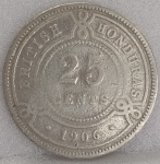 KM#12  ANTIGA MOEDA DE PRATA DA " HONDURAS BRITÂNICAS " 25 CÊNTIMOS ANO DE 1906 MBC  PRATA 925  PEÇA COM 5,5 g E COM 23,0 mm " SOBERANO EDUARDO VII " COLÔNIA BRITÂNICA - DATA RARA OBS... ALINHAMENTO MEDALHA / REVERSO INVERTIDO CUNHAGEM DE 30.000 MIL PEÇAS