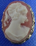 BROCHE - ANTIGO CAMAFEU CONFECCIONADO ARTESANALMENTE EM METAL DOURADO E RESINA PEÇA COM 2,8 x 2,2 cm PEÇA COM 7,2 g