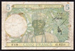 P-25a.3  ANTIGA CÉDULA DA ÁFRICA OCIDENTAL FRANCESA 5 FRANCOS ANO DE 1942 MBC
