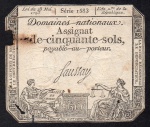 A-70b  ANTIGA CÉDULA DA FRANÇA ( EUROPA ) 50 SOLS CÉDULA UNIFACE DATADA DE 1793 MARCA DE ÁGUA ( RF/50s )