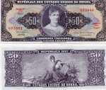 C#115  ANTIGA CÉDULA DO BRASIL ( REPÚBLICA ) 50 CRUZEIROS COM CARIMBO DE 5 CENTAVOS ANO DE 1966  SOB  ANVERSO: PRINCESA ISABEL  E  REVERSO:  LEI ÁUREA