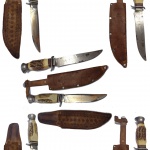 CUTELARIA - CONJUNTO DE 2 FACAS MUNDIAL, DÉCADA DE 80, COM AS RESPECTIVAS BAINHAS DE COURO, ORIGINAIS... LÂMINAS DE AÇO CARBONO, UMA COM 14,3 cm E A OUTRA COM 12,0 cm DETALHES CONFORME FOTOS