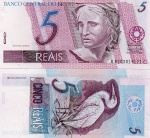 C#277  CÉDULA DO BRASIL ( REPÚBLICA ) 5 REAIS ANO DE 2007 ( FE ) ANVERSO:  EFÍGIE DA REPÚBLICA E REVERSO:  GARÇA   CHANCELAS DE GUIDO MANTEGA E HENRIQUE DE CAMPOS MEIRELLES