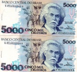 C#220  LOTE CONTENDO DUAS CÉDULAS ANTIGAS DO BRASIL ( REPÚBLICA ) 5.000 MIL CRUZEIROS ANO DE 1992 ( SOB - CONTEM ALGUMAS MANCHAS ) CÉDULAS SERIADAS /  ANVERSO:  CARLOS GOMES