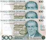 C#191  LOTE CONTENDO 3 CÉDULAS ANTIGAS DO BRASIL ( REPÚBLICA ) 500 CRUZEIROS ANO DE 1987 SOB/FE ( SERIADAS  ) ANVERSO: VILLA LOBOS
