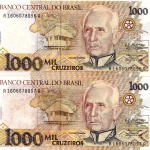 C#217  LOTE CONTENDO DUAS CÉDULAS ANTIGAS DO BRASIL ( REPÚBLICA ) 1.000 CRUZEIROS ANO DE 1990 ( MBC ) SERIADAS  ANVERSO: MAL. CÂNDIDO RONDON E REVERSO: DOIS ÍNDIOS CARAJÁS