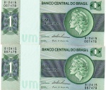 C#131 - LOTE CONTENDO DUAS CÉDULAS ANTIGAS DO BRASIL ( REPÚBLICA ) 1 CRUZEIRO ANO DE 1975 ( MBC/SOB ) SERIADAS  ( 067478 - 067479 ) ANVERSO : EFÍGIE DA REPÚBLICA