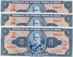 C#023  LOTE CONTENDO 3 CÉDULAS ANTIGAS DO BRASIL ( REPÚBLICA ) 20 CRUZEIROS ANO DE 1963 ( SOB ) SERIADAS /  ANVERSO: DEODORO DA FONSECA