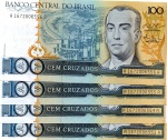 C#187  LOTE CONTENDO 4 CÉDULAS ANTIGAS DO BRASIL ( REPÚBLICA ) 100 CRUZADOS ANO DE 1987 ( SOB ) CÉDULAS SERIADAS ( NUMERAÇÃO SEQUENCIAL ) ANVERSO: JUSCELINO KUBITSCHEK