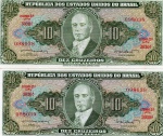 LOTE CONTENDO DUAS CÉDULAS ANTIGAS DO BRASIL ( REPÚBLICA ) 10 CRUZEIROS ANO DE 1962 MBC ( CAT. C#082 = CÉDULAS SERIADAS 098038 - 098039 )  MBC