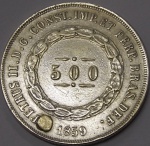 P#592 - ANTIGA MOEDA DE PRATA DO BRASIL ( IMPÉRIO - PRATA 917 ) 500 RÉIS ANO DE 1859 PEÇA COM FURO TAPADO